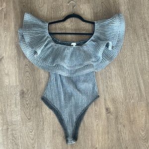 Off Shoulder Ruffled Bodysuit in Metallic Silver Shimmer